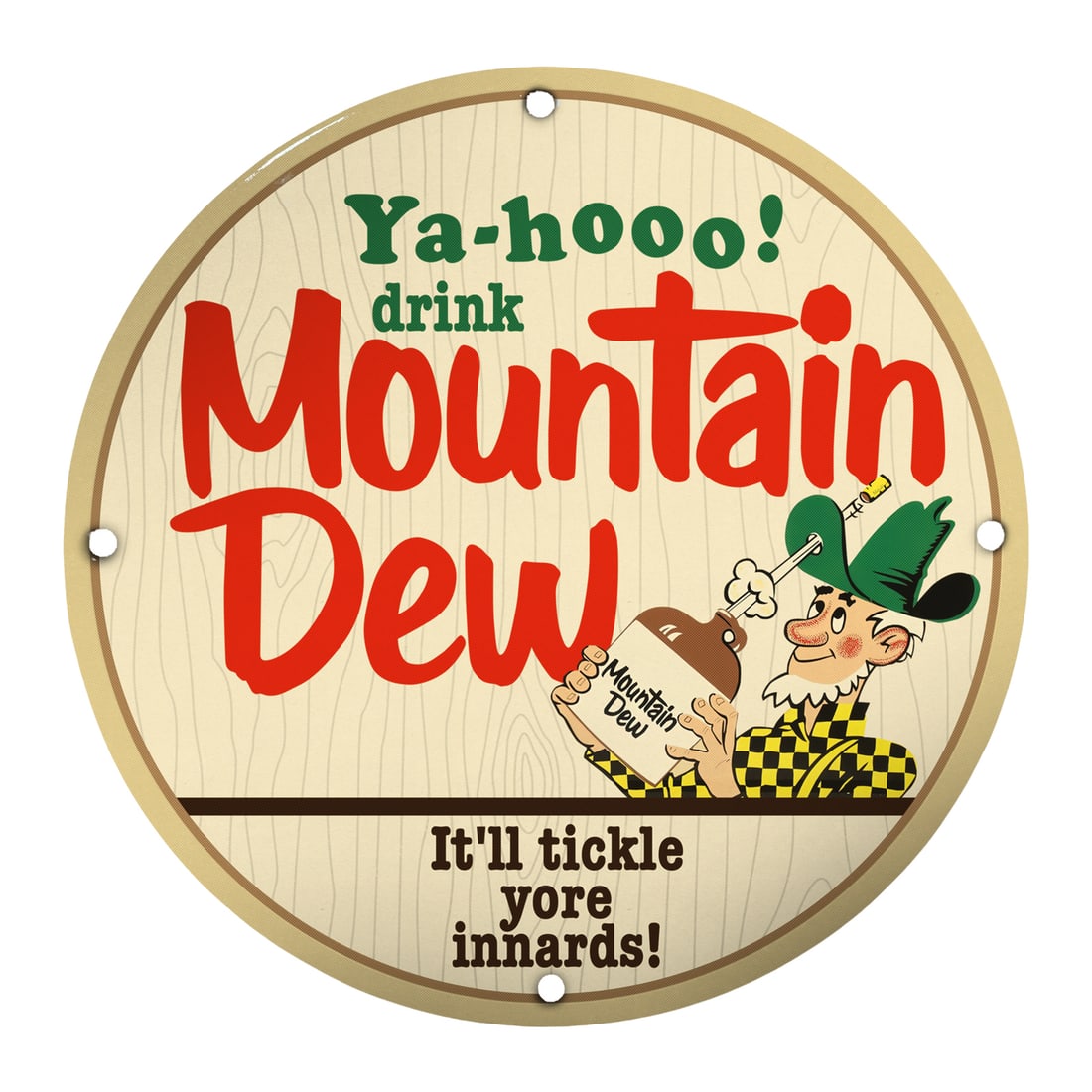 Vintage 8" Round Porcelain Mountain Dew Sign ? Classic Americana D?cor for Home or Office: Discover the charm of vintage advertising with this 8-inch round porcelain Mountain Dew sign. Perfect for collectors, home decorators, and business owners alike, this sign is not only a piece of nosta