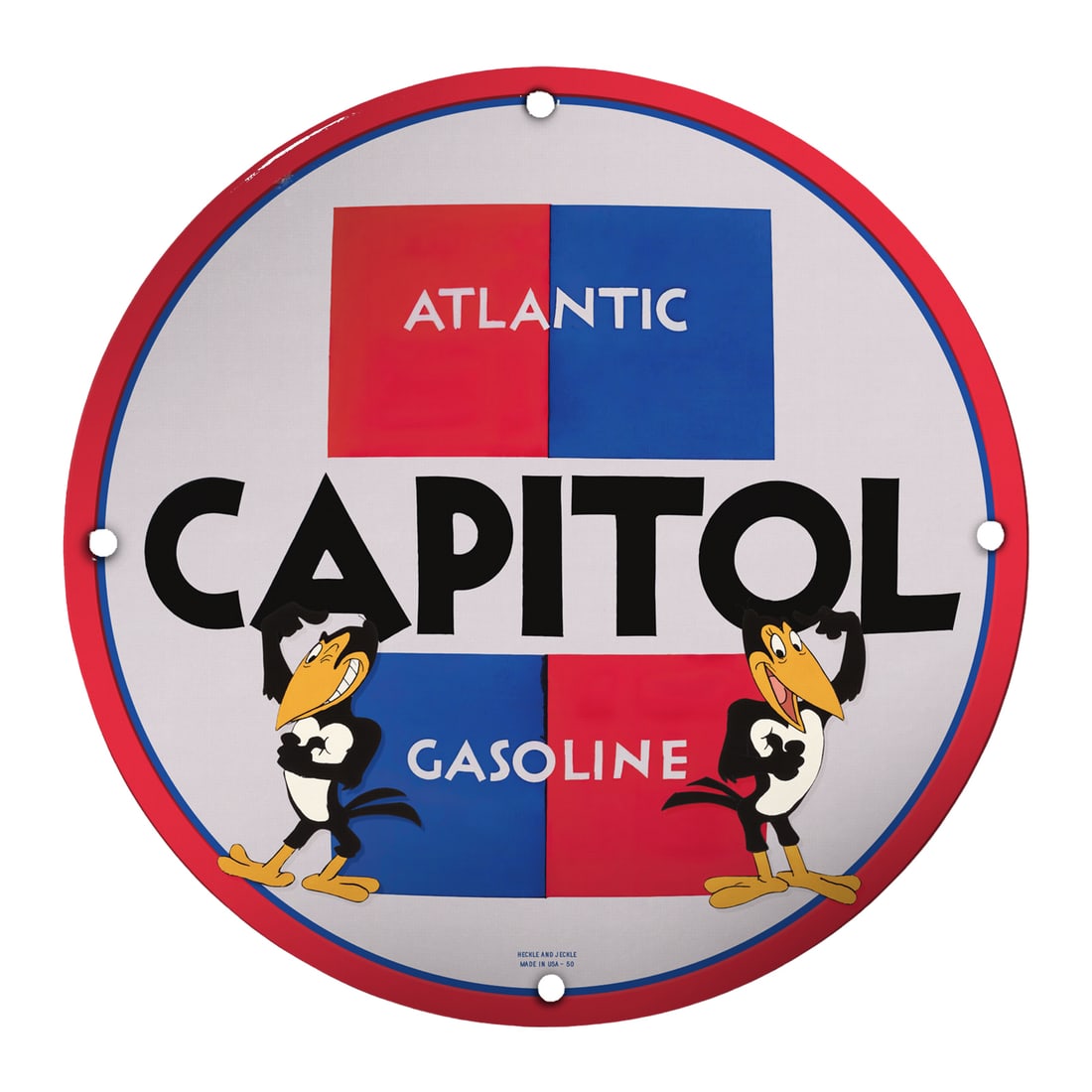 Vintage 8-Inch Round Porcelain Capitol Gasoline Sign - Collector's Item: Discover the charm of vintage memorabilia with this stunning 8-inch round porcelain sign featuring the iconic Capitol Gasoline branding, complete with a playful depiction of the Atlantic logo. This me