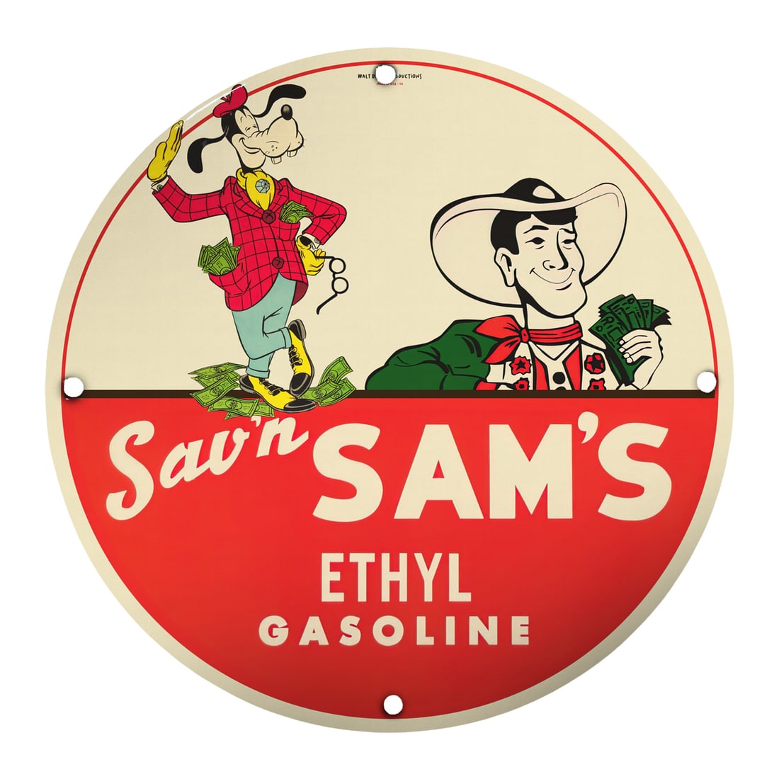 Vintage 8" Round Porcelain Sign: Sav'n Sam's Ethyl Gasoline, Classic Decor for Collectors (1 of 2)