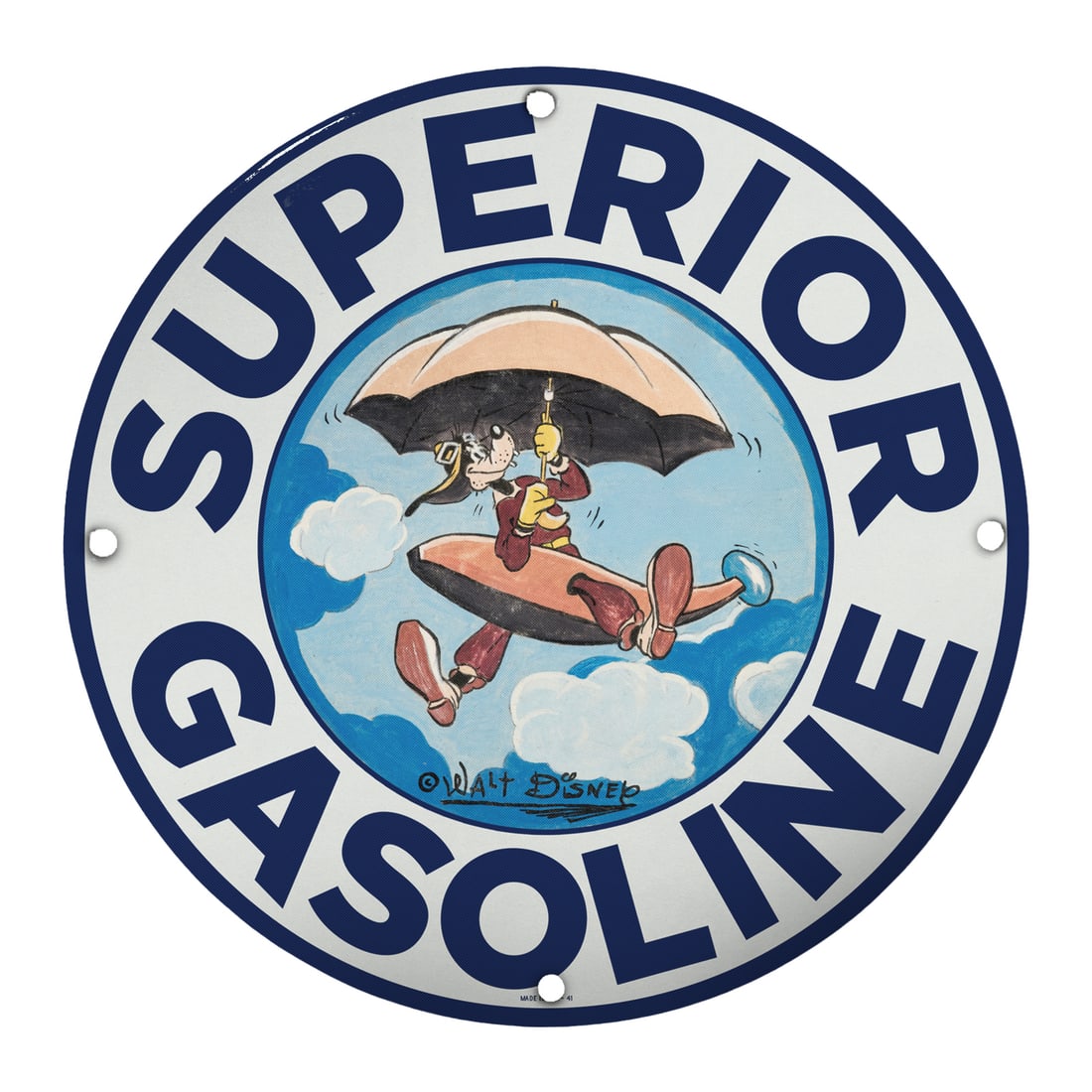 Vintage 8" Porcelain Superior Gasoline Sign Featuring Iconic Cartoon Design: This exceptional 8-inch porcelain sign showcases a unique vintage design that combines nostalgia and whimsy, making it an ideal addition to any collector's display or automotive-themed decor. This spe
