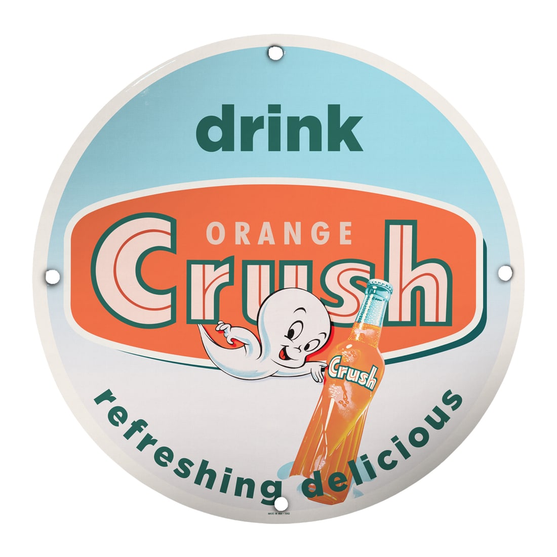 Vintage 8" Porcelain Orange Crush Drink Sign - Refreshing Nostalgic Decor (1 of 2)