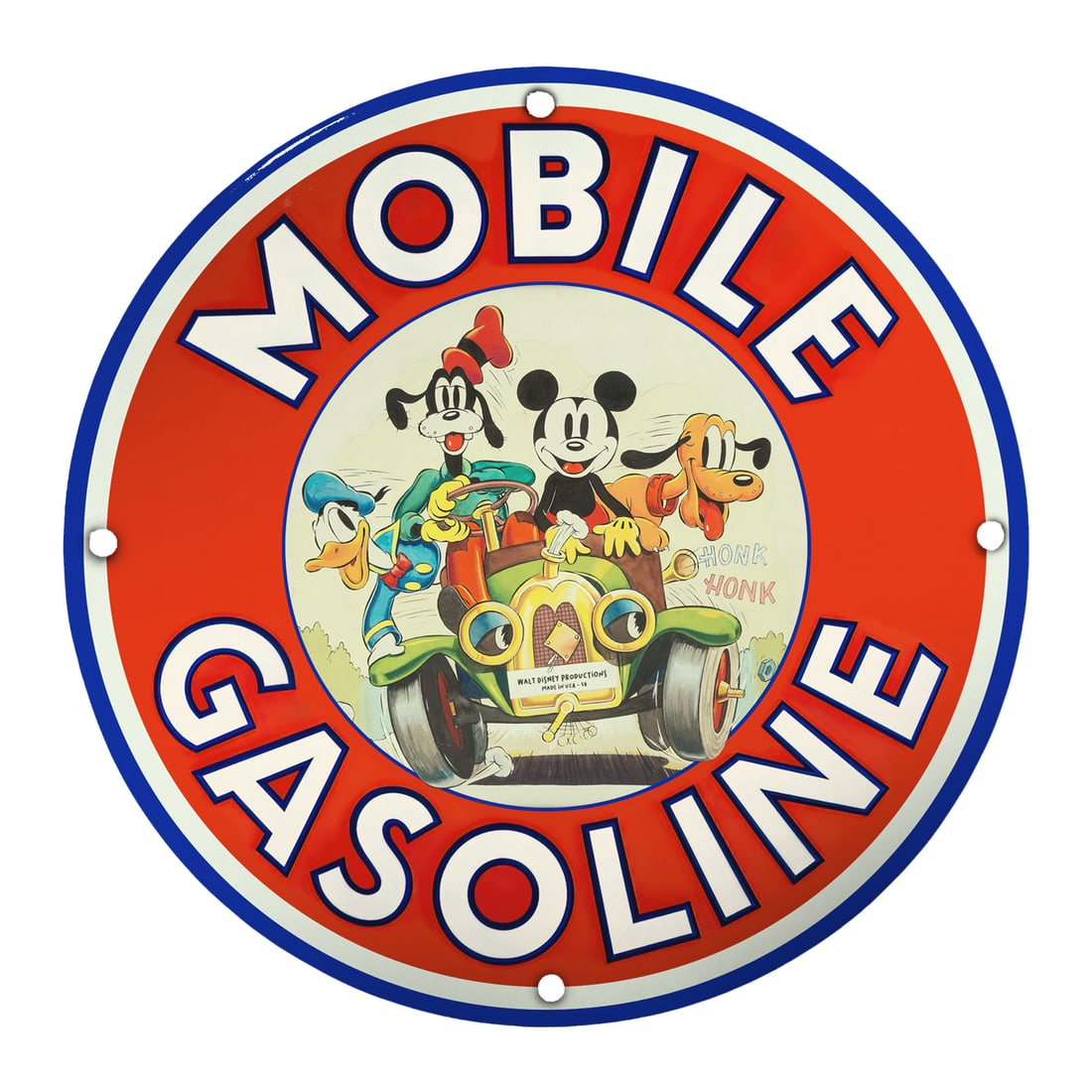 Vintage 8" Porcelain Signs: Collectible Mobile Gasoline with Iconic Disney Characters: Discover a remarkable piece of nostalgia with our 8-inch porcelain signs featuring the iconic "Mobile Gasoline" branding, adorned with beloved Disney characters like Mickey Mouse, Donald Duck, Goofy, 