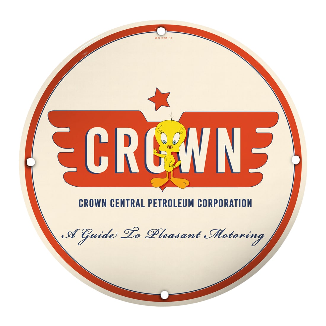 Vintage 8" Porcelain Crown Central Petroleum Sign Featuring Tweety Bird - Classic Americana: Discover a unique collectible with this stunning vintage 8-inch porcelain sign from Crown Central Petroleum Corporation, featuring the beloved Tweety Bird. This iconic piece of Americana celebrates th