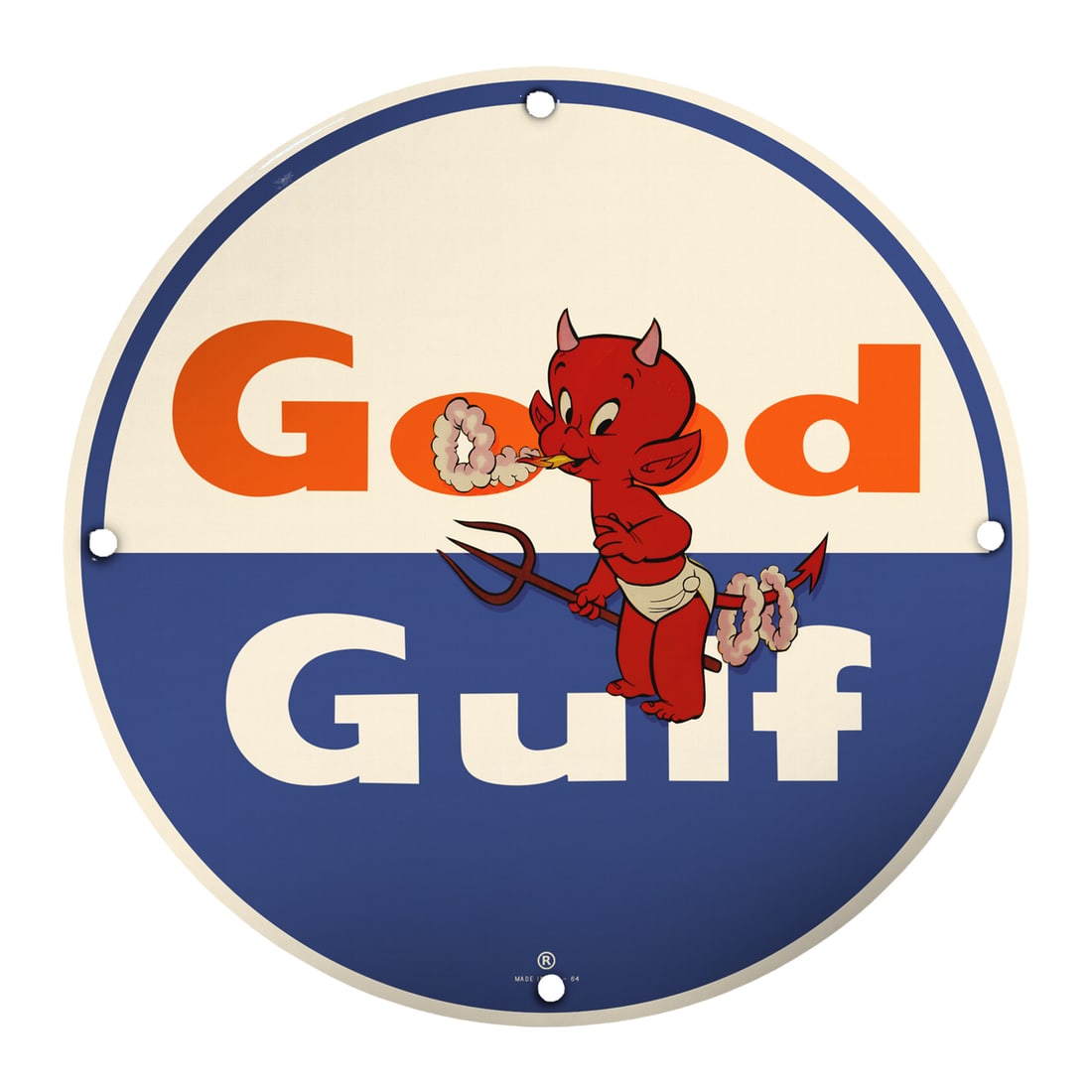 Authentic 8-Inch Porcelain Good Gulf Sign Featuring Playful Devil Design - Perfect for Collectors: Discover a unique addition to your collection with this 8-inch porcelain Good Gulf sign, featuring a whimsical devil character that brings a nostalgic touch to any decor. This collectible sign combine