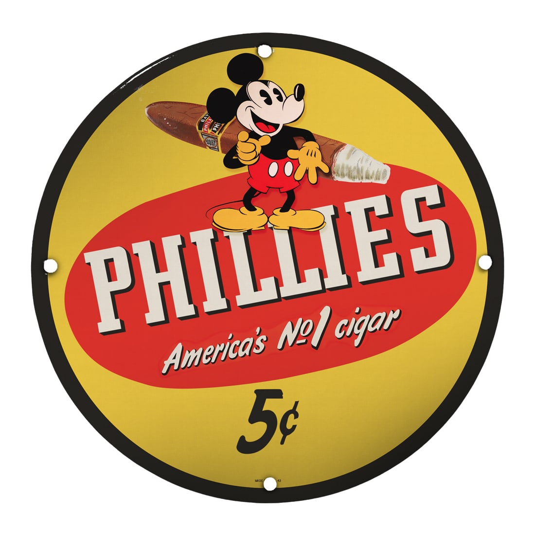 Vintage 8-Inch Porcelain Sign Featuring Mickey Mouse with Phillies Cigars Design: Introducing a captivating piece of memorabilia that will enhance your collection or elevate the aesthetic of your workspace: an 8-inch porcelain sign featuring the iconic Mickey Mouse alongside the cl
