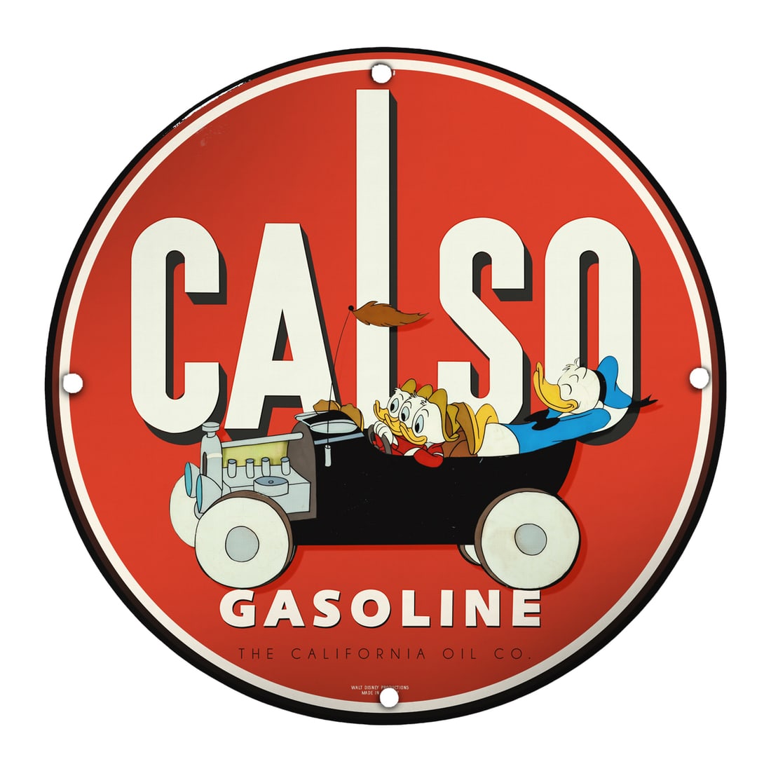 Vintage 8-Inch Porcelain Gasoline Sign ? Calso Oil Co Collectible Art: Discover the charm of yesteryears with this exquisite 8-inch porcelain sign featuring the 'Calso Gasoline' logo. Perfect for collectors and enthusiasts alike, this collectible art piece brings nostalg