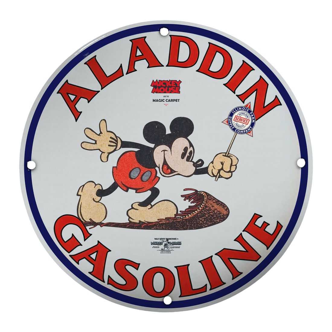 Vintage 8-Inch Porcelain Sign: Aladdin Gasoline with Mickey Mouse Design: Discover the charm of this vintage 8-inch porcelain sign featuring the iconic Aladdin Gasoline logo, adorned with a playful depiction of Mickey Mouse on a magic carpet. This unique collectible piece c