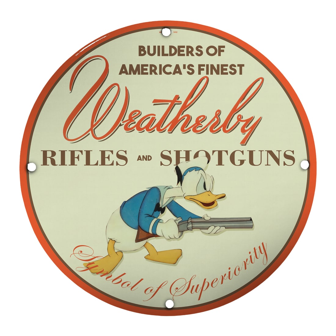 Vintage 8" Porcelain Sign - Weatherby Rifles and Shotguns - Collector's Item: This captivating 8-inch porcelain sign features the iconic Weatherby brand and its famous slogan "Builders of America's Finest". This unique piece perfectly combines art and marketing from a bygone er