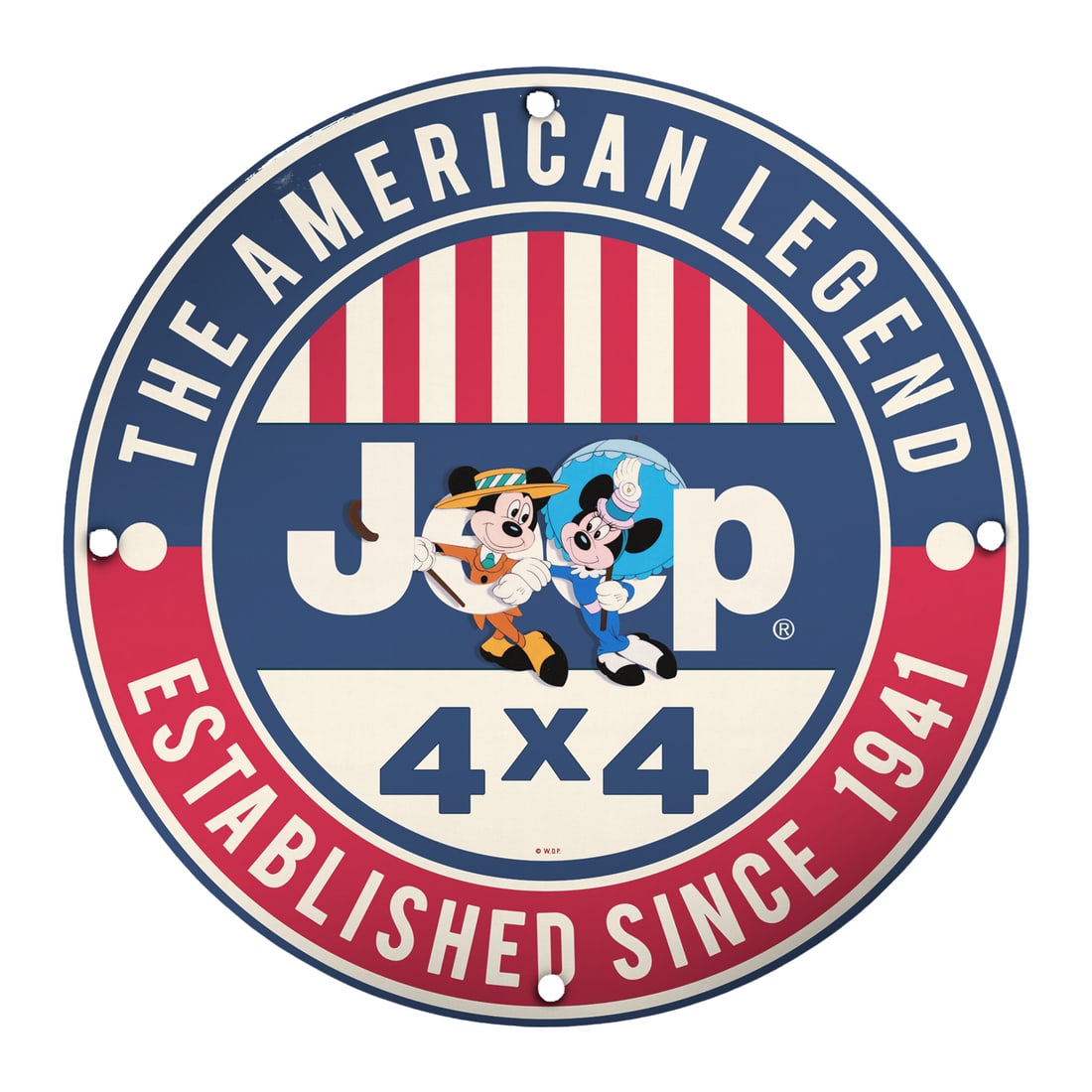 Vintage 8-Inch Porcelain Jeep Sign Featuring Iconic Mickey Mouse Design: Introducing a unique and nostalgic piece for collectors and enthusiasts alike: the 8-inch porcelain Jeep sign featuring iconic Disney characters Mickey and Minnie Mouse. Established since 1941, Jeep h