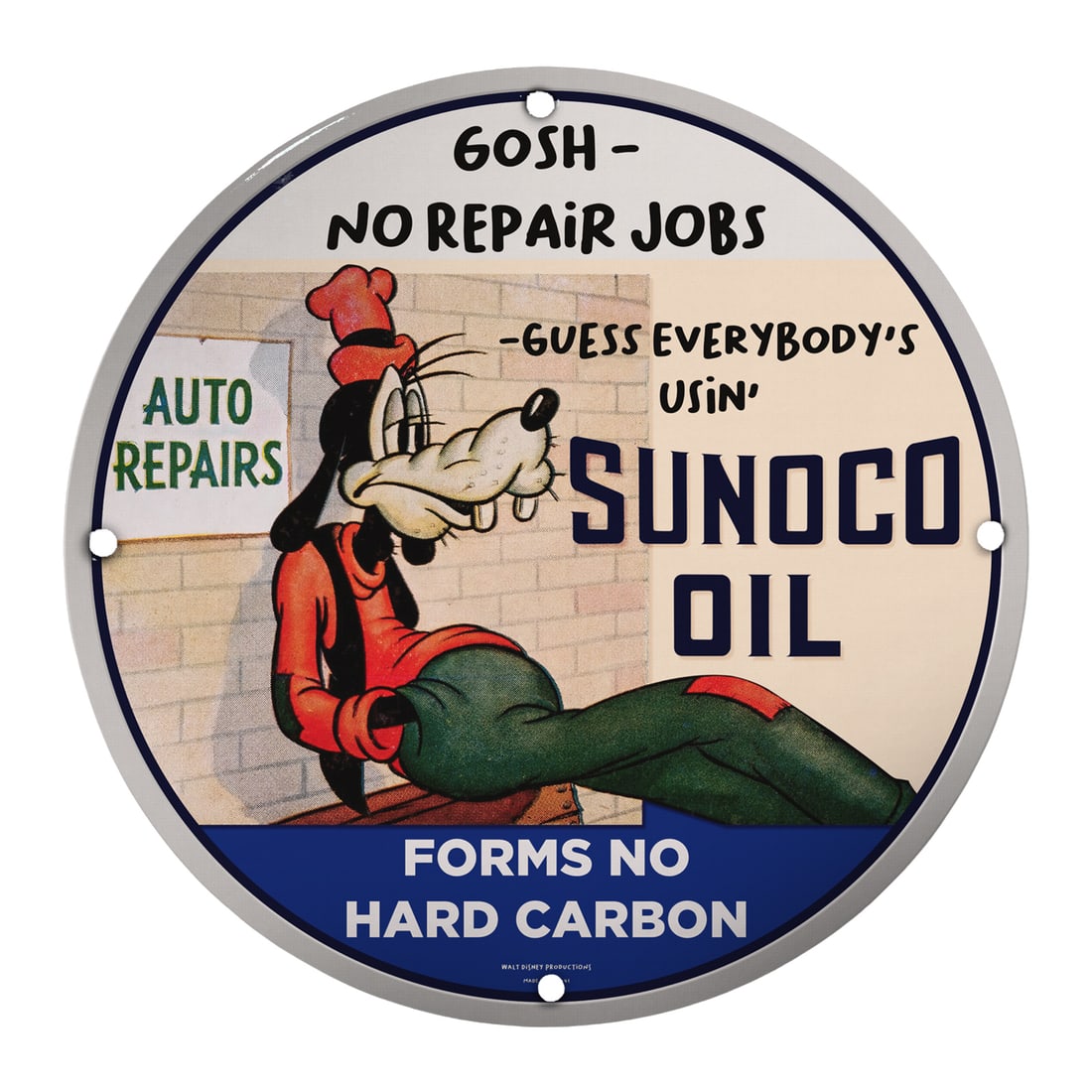 Vintage 8" Sunoco Oil Porcelain Sign featuring Goofy - Classic Auto Repair Decor: Discover a beautifully crafted 8-inch porcelain sign featuring the iconic Goofy from Disney, ideal for auto enthusiasts and collectors alike. This vintage-style sign showcases a playful depiction of G
