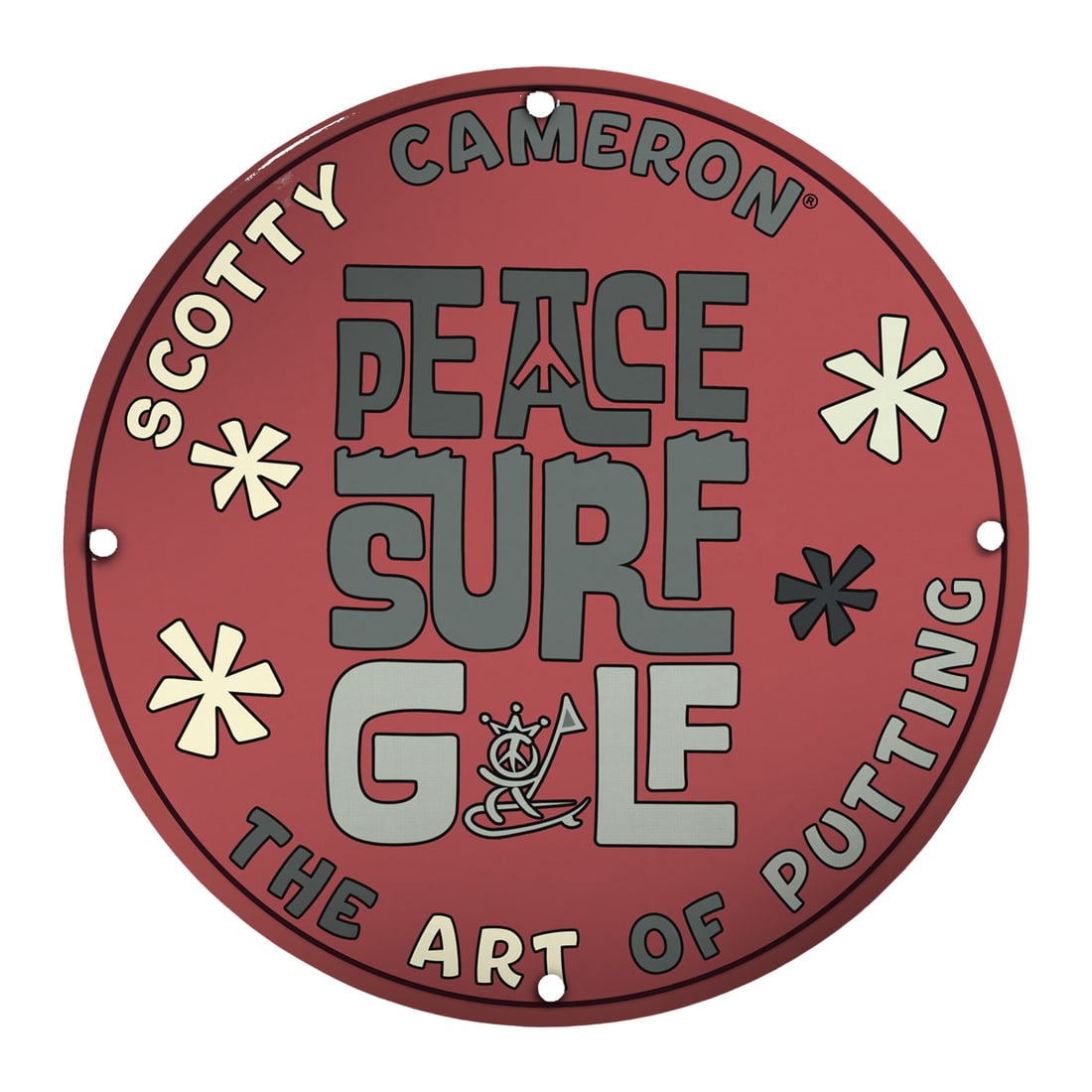 Authentic 8-Inch Porcelain Sign: 'Peace Surf Golf - The Art of Putting' by Scotty Cameron: Elevate your decor or collector's display with this stunning 8-inch porcelain sign featuring the iconic 'Peace Surf Golf - The Art of Putting' design by Scotty Cameron. Crafted from high-quality porce