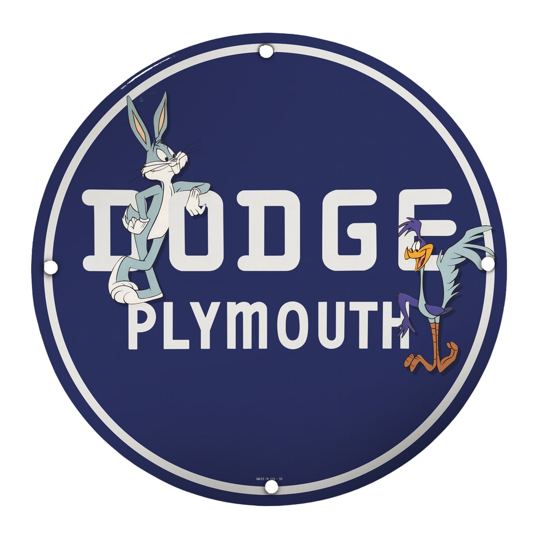 Vintage 8-Inch Porcelain Signs Featuring Iconic Characters: Dodge & Plymouth: Discover the charm of vintage automotive memorabilia with our exquisite 8-inch porcelain signs featuring the iconic characters from the beloved Looney Tunes series: Bugs Bunny and Daffy Duck. Perfect 