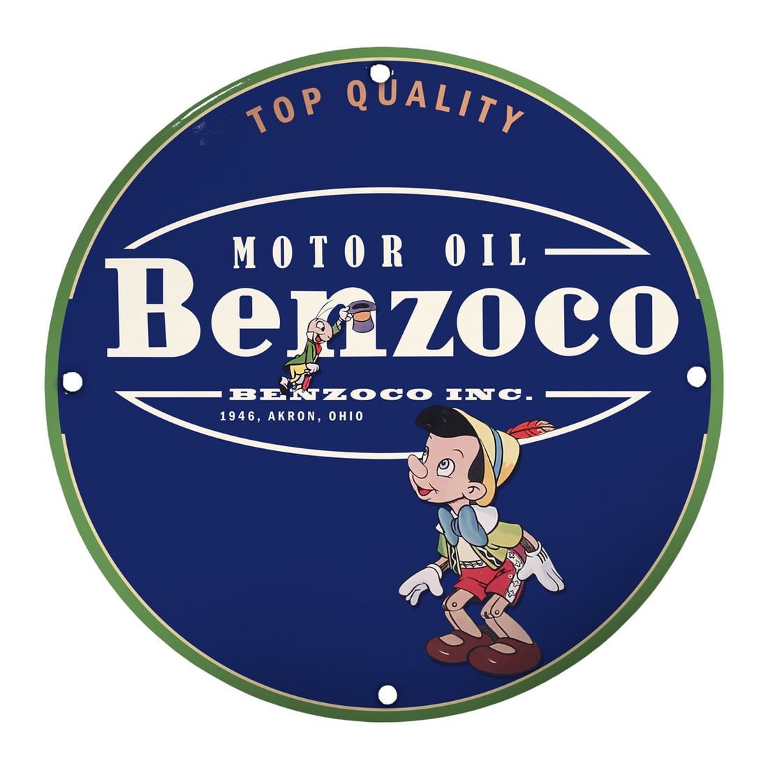 Vintage 8-Inch Porcelain Sign: Benzoco Motor Oil Collectible from 1946: Explore the charm and nostalgia of the 1946 Benzoco Motor Oil porcelain sign, a must-have collectible for enthusiasts of vintage advertising and unique decor. This 8-inch round sign, characterized by 