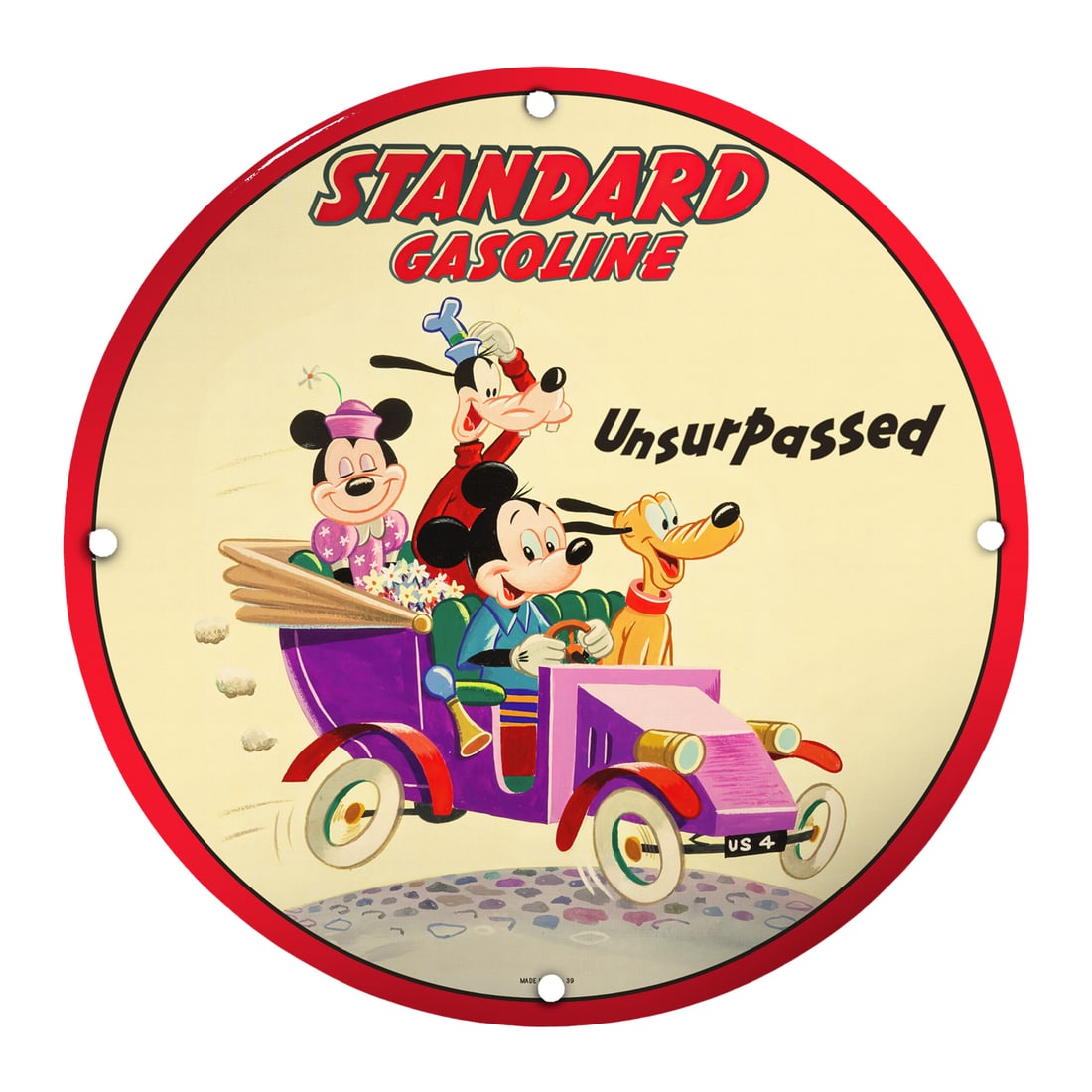 Vintage 8" Porcelain Standard Gasoline Sign Featuring Classic Mickey Mouse Characters (1 of 2)