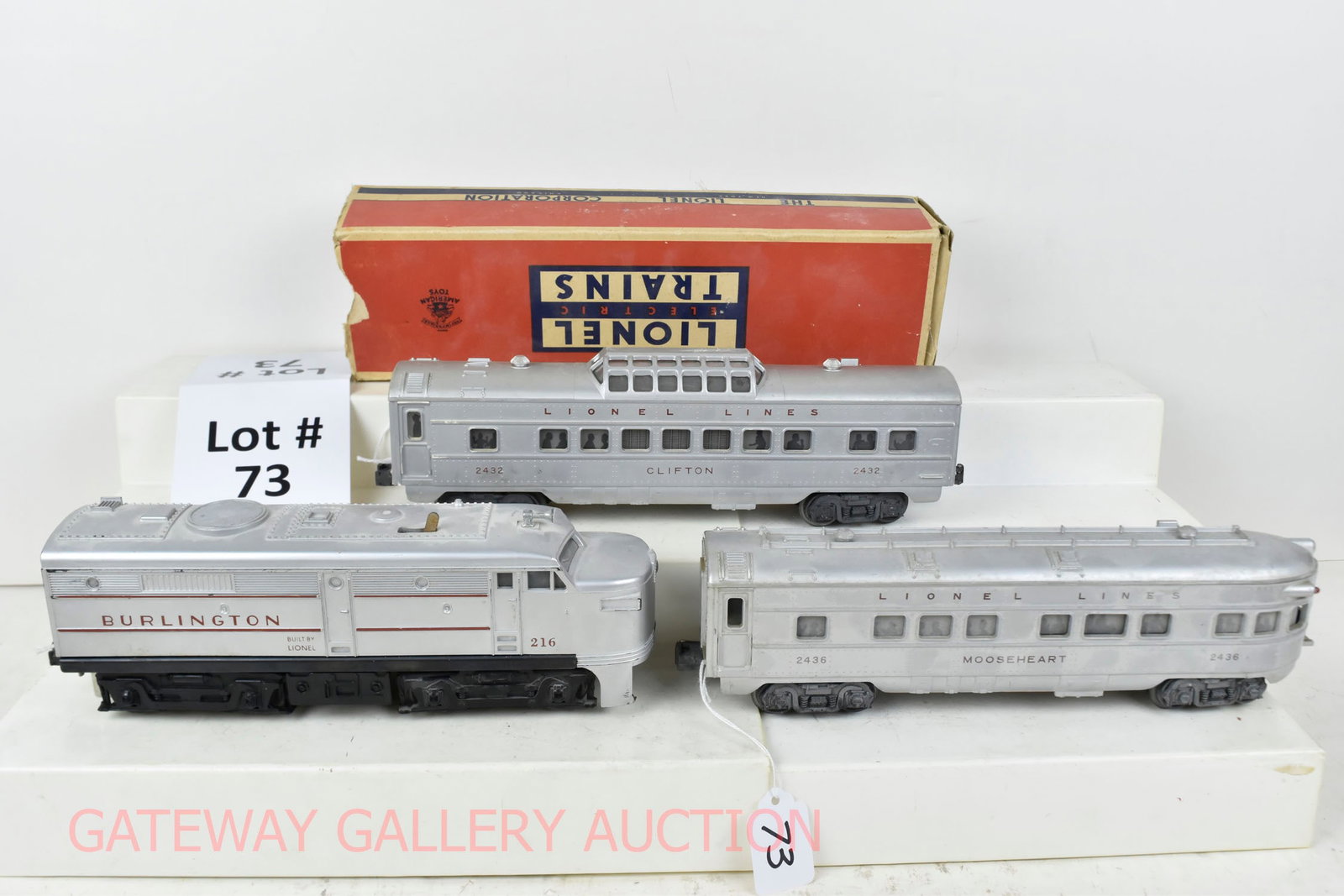 Postwar Lionel:: 216 Burlington Alco (FRONT PILOT BROKEN), 2432 Clifton Vista Dome W/Tattered Box, 2436 Moosehart No Box