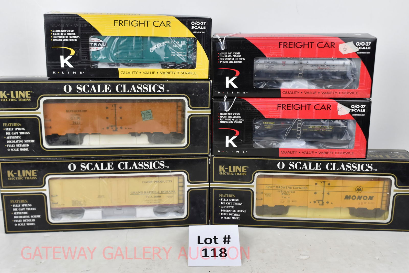 K-Line:: K-7612 Grand Trunk Reefer, K-7614 Monon FGE Boxcar, K762-9011 2000 TCA Convention Grand Rapids Reefer, K-90016 NYC Boxcar, K5428 PRR 3 Dome Tanker, K5427 PRR Tanker