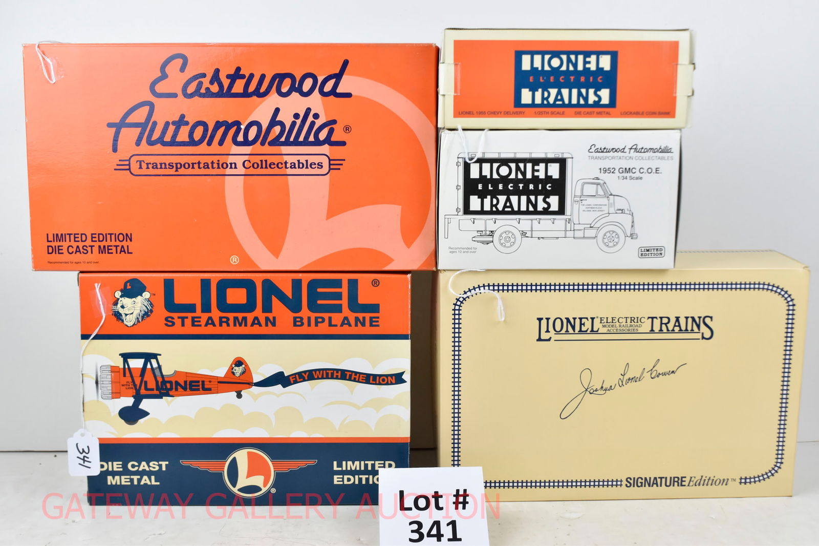 Modern Lionel:: Eastwood Collectibles: 303500 1955 Chev Lionel Delivery, 291000. Lionel Stearman Biplane, 19-0108 52 GMC COE Lionel Delivery, B57 Signature Edition Lionel 50 Chev Tractor/Van; 1905 Ford Lionel Deliver