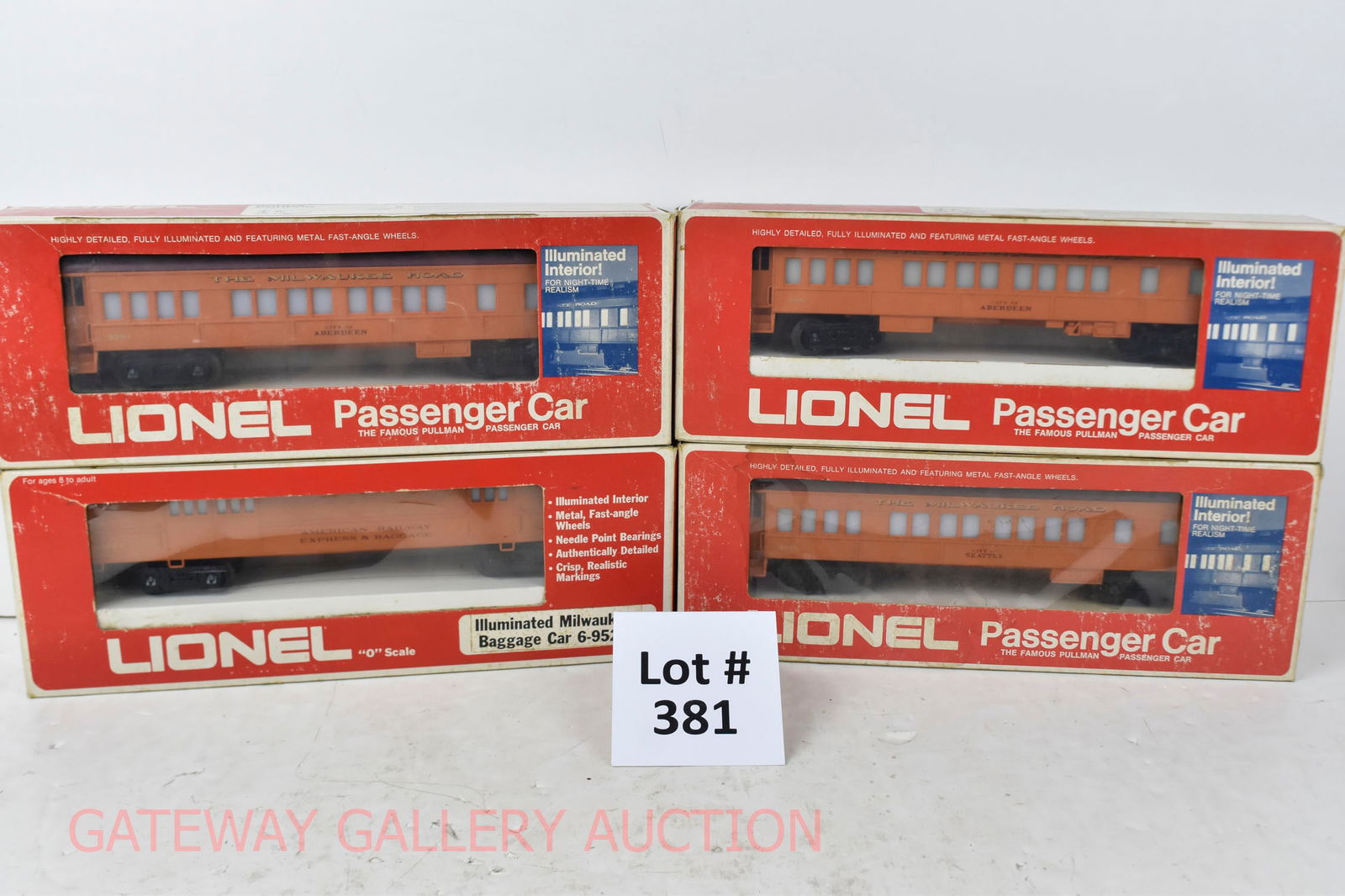 Modern Lionel:: (4)Milw Rd Passenger Cars: 9522 Lighted Baggage, (2) 9501 Aberdeen Passenger Cars, 9505 Seattle Passenger Car OB