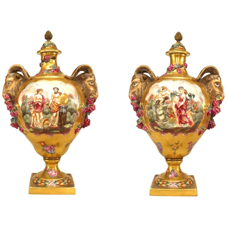 Pair Italian Gilt Porcelain Ramshead Vases (1 of 8)
