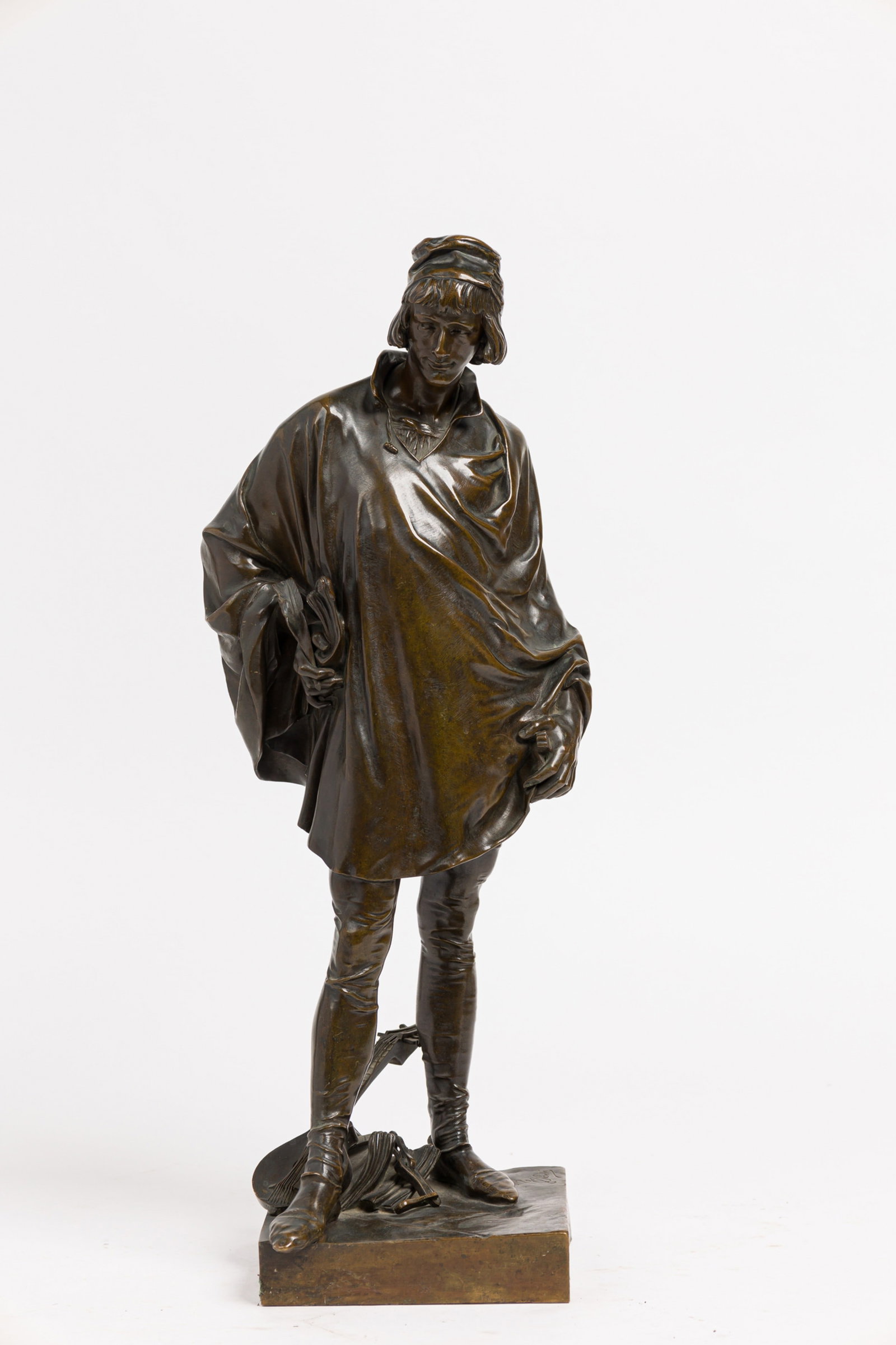 After Jean F.M. Etcheto, Bronze sculpture: After Jean Francois Marie Etcheto (Spanish 1853-1889), The Minstral, mounted on a square base, cast signed with Thiebaut Foundry mark, 6"l x 21"d x 21"h