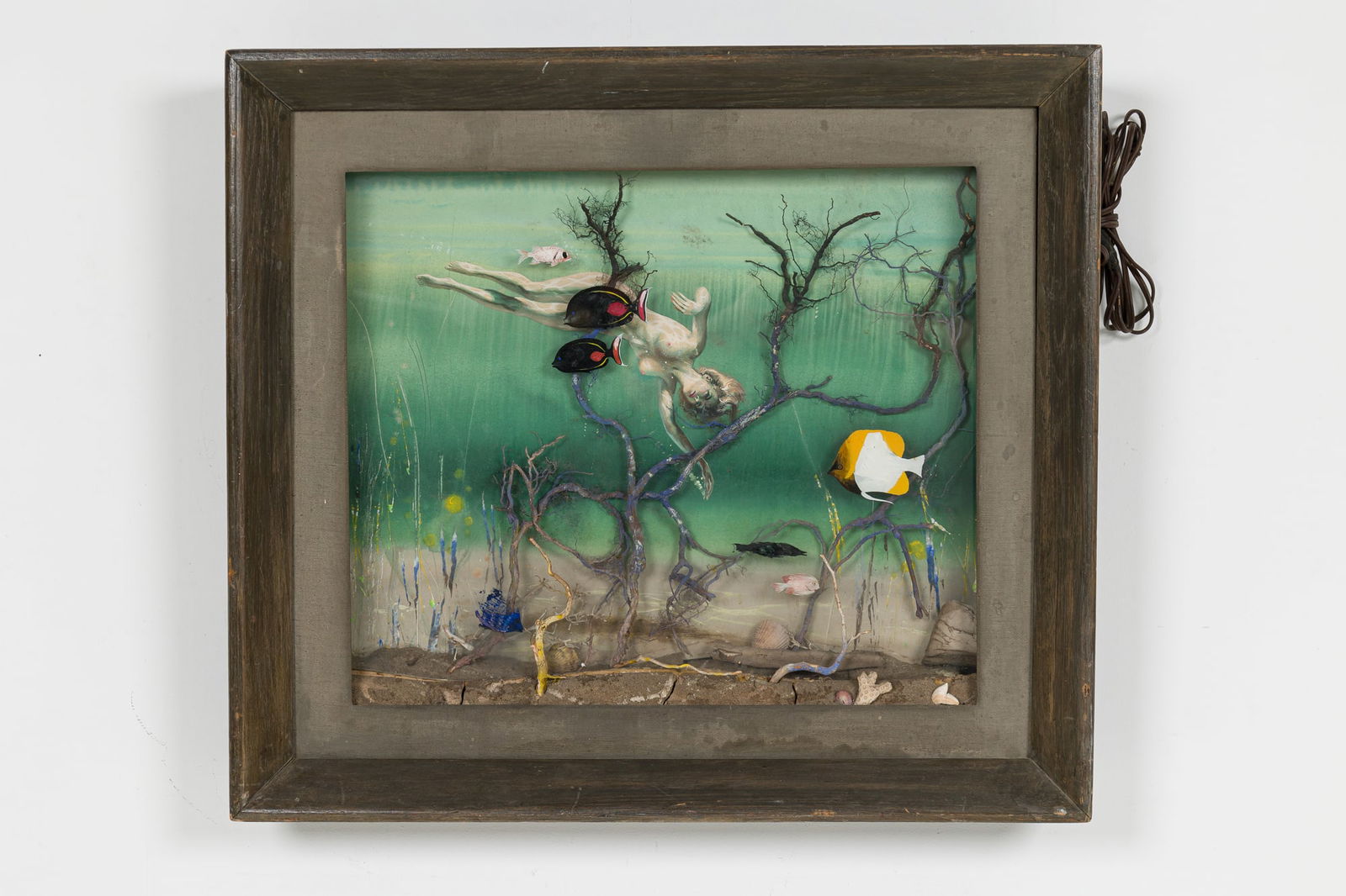 English Victorian Reverse Painted Diorama: 19th c., England, eglomise and modeled clay diorama of underwater scene depicting mermaid amidst sea foliage, in a grey painted frame, internally lit., 27"l x 24.75"h