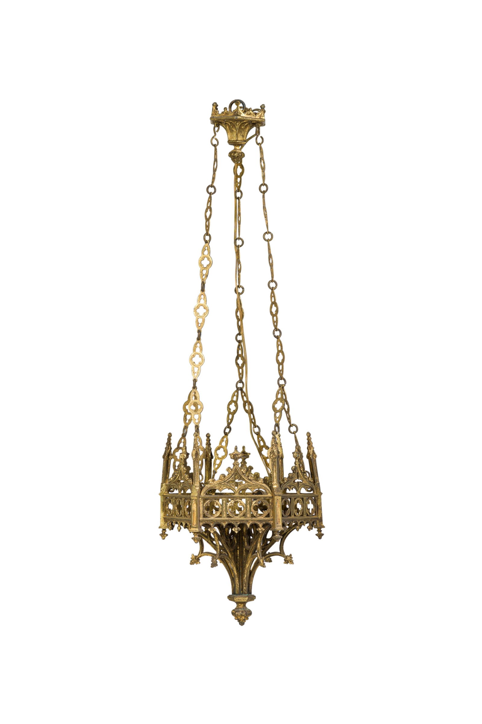 Gothic-Revival Gilt Bronze Sanctuary Chandlier: 19th c England, cast bronze openwork 6 sided hanging votive, raised on link chain, 12.5"l x 12.5"d x 39"h, 12.5"dia