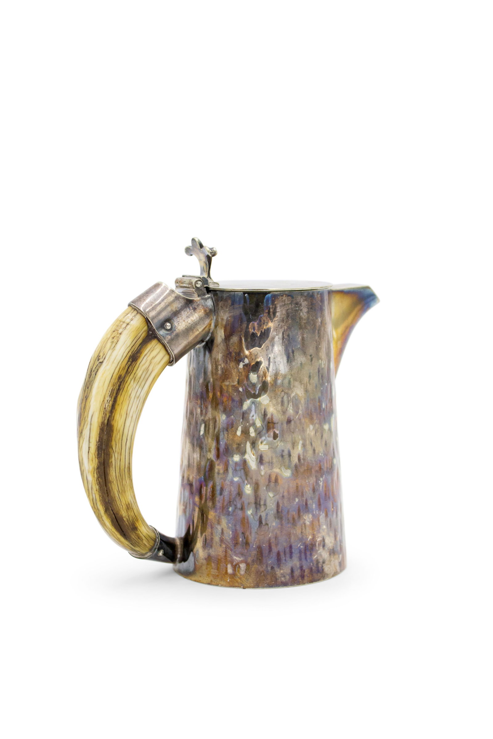 Hukin and Heath Aesthetic SIlverplate Pitcher: 19th c., English late Victorian hammered silver plate small pitcher, with hinged cover, boar tusk handle, makers mark and model 10321 stamped to underside, 6"h