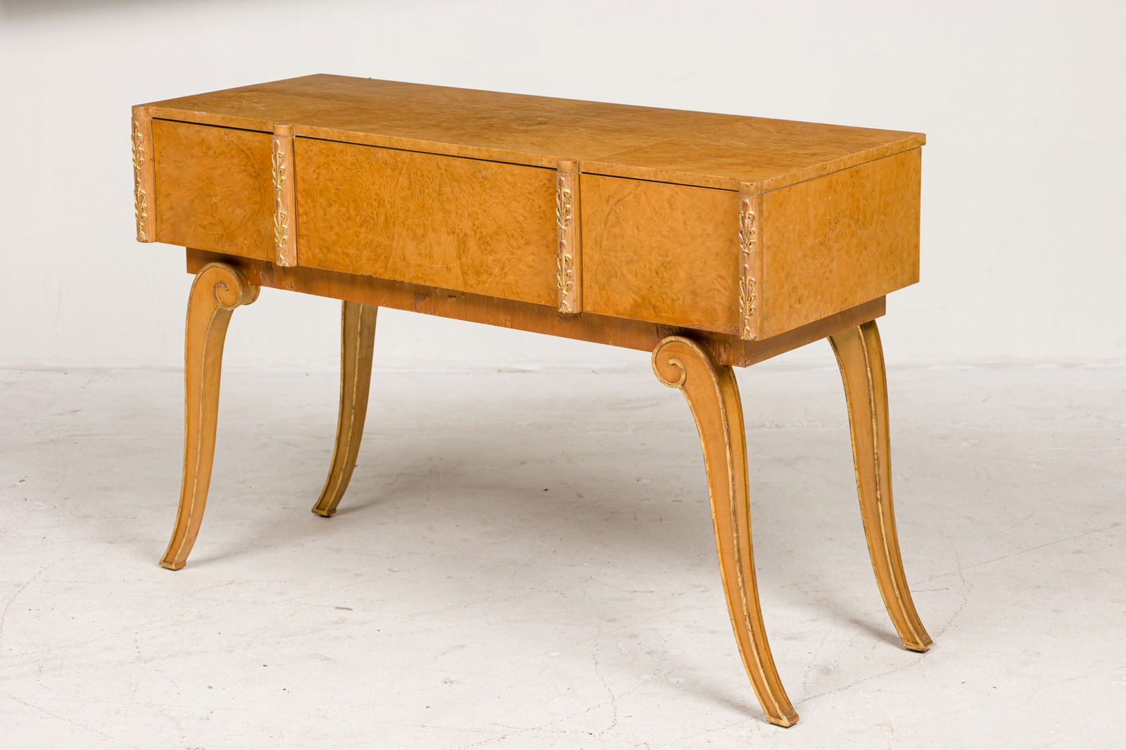 English Art Deco 3-Drawer Gilt Maple Console Table (1 of 20)