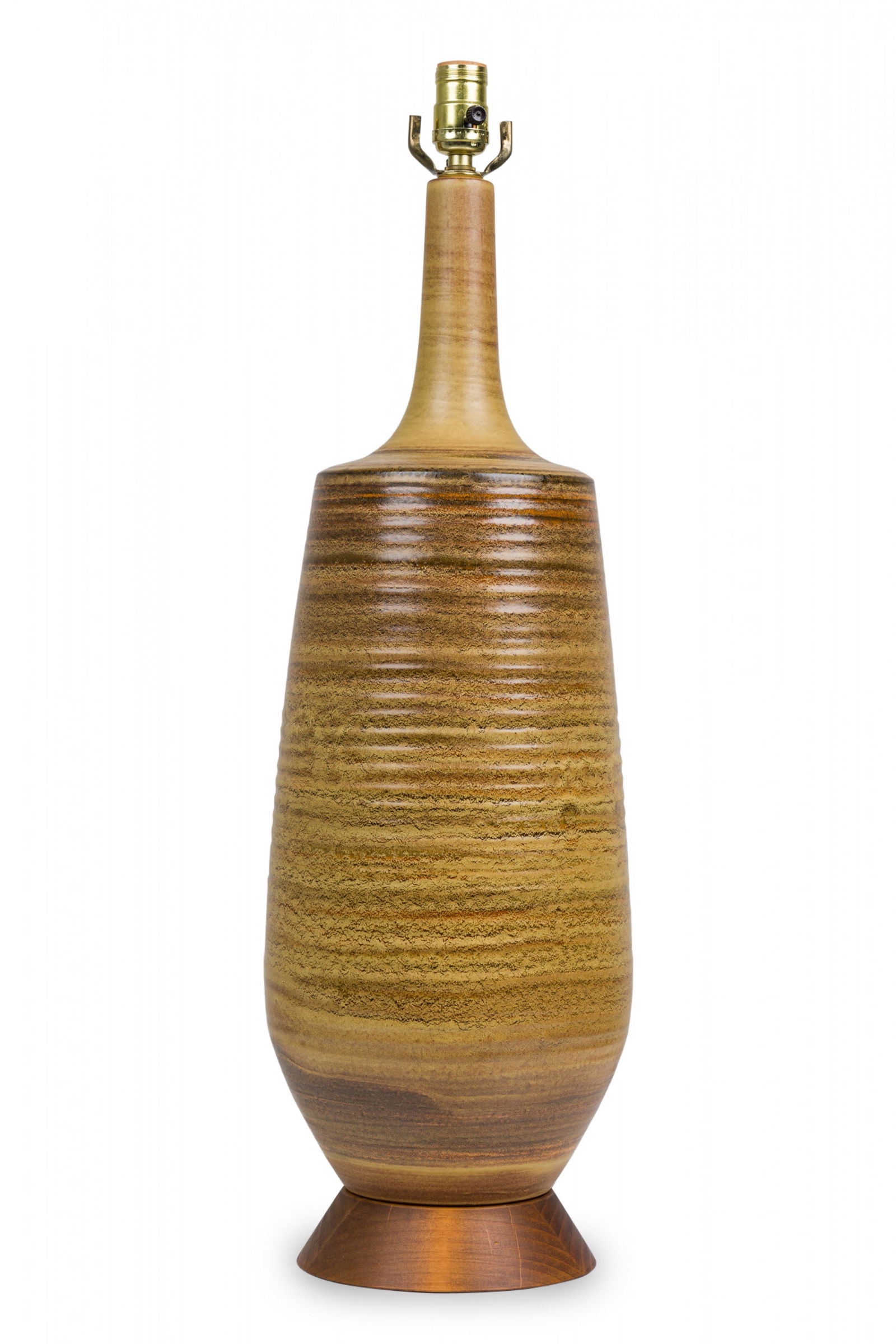 Pair Design Technics Attrib. Ceramic Table Lamps: c. 1960s, USA, in brown-toned stippled Earth Glaze, molded wood bases , 9"l x 9"d x 30"h, 9"dia