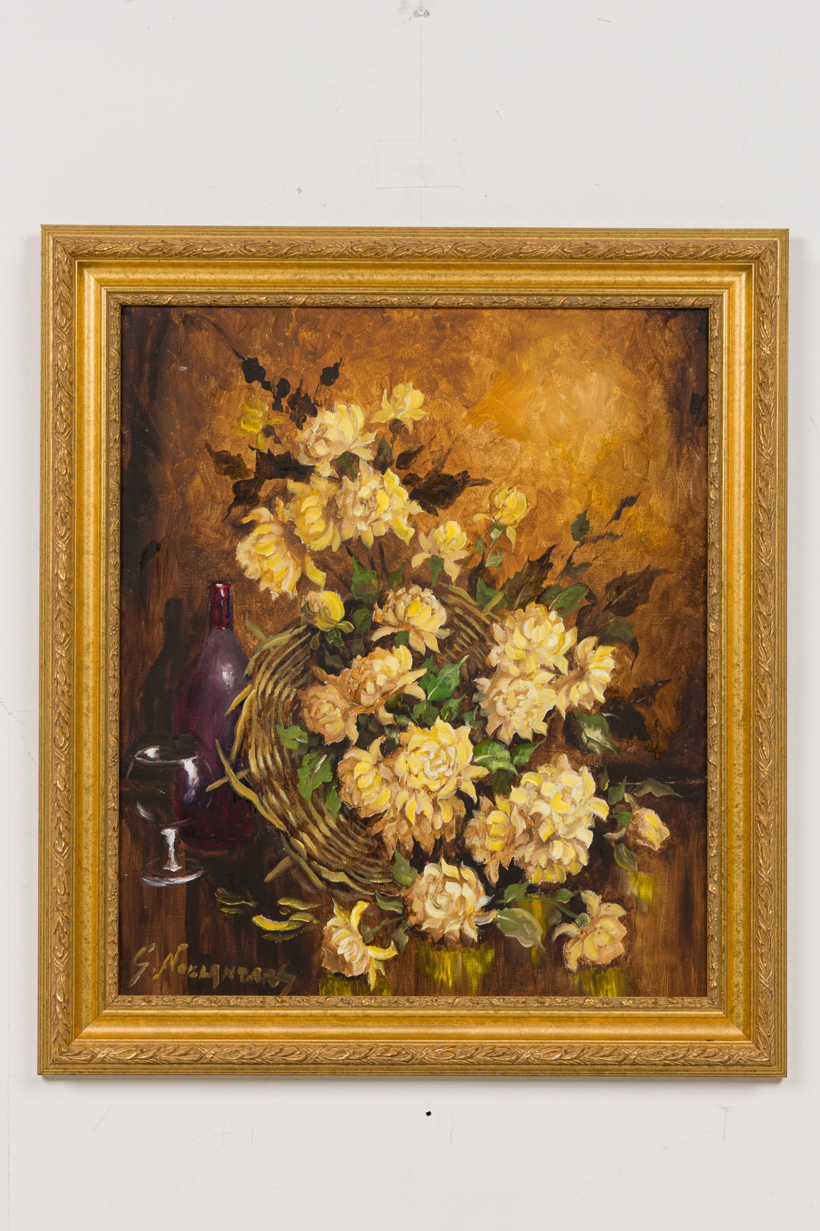 Gaston Noelanders, Oil On Canvas: 20th c., Gaston Noelanders (Belgian, 1910-1987), Still Life with Flowers, wine bottle and glass, signed lower left, 28"h x 23.5"w (stretcher) , 33"h x 28"w x 2"d (framed), Provenance: Property from an