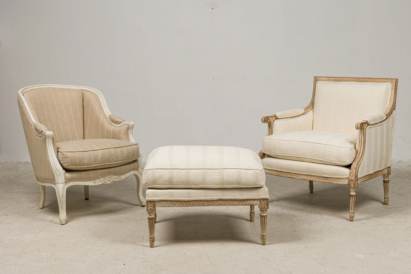 (2) French Cream Painted Bergeres And Ottoman (1 of 20)