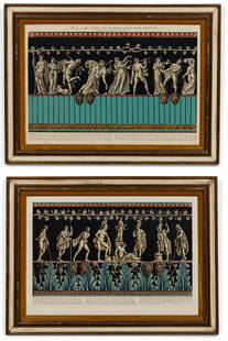 Piranesi, (2) hand-colored engravings: Giovanni Battista Piranesi (Italian, 1720-1778), from "Vasi, Candelabri, Cippi, Sarcophagi", 1778 (Ficacci, 785, 850), bas-reliefs of vases in the Borghese and Medici Villas, framed under plexi, 16"h