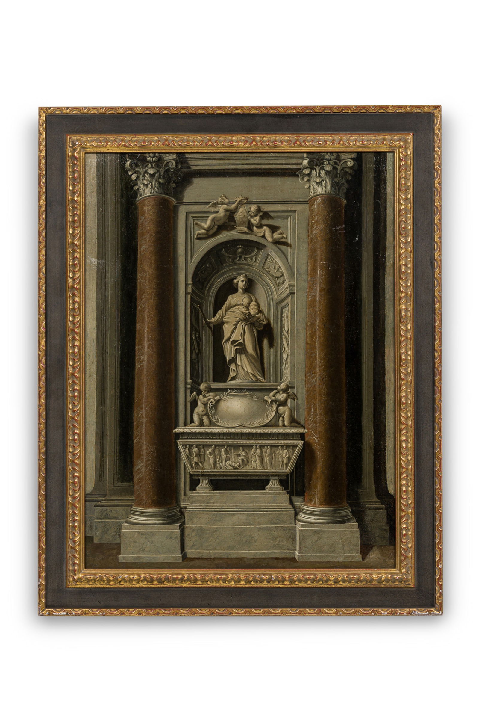 Italian Neoclassical School, oil on canvas, 19th c: Italian School (19th c.), depicting the tomb of Countess Matilda of Tuscany, carved by Gian Lorenzo Bernini (Italian, 1598-1680) and other sculptors, no signature observed, 31.5"h x 25"w x 2"d (frame)