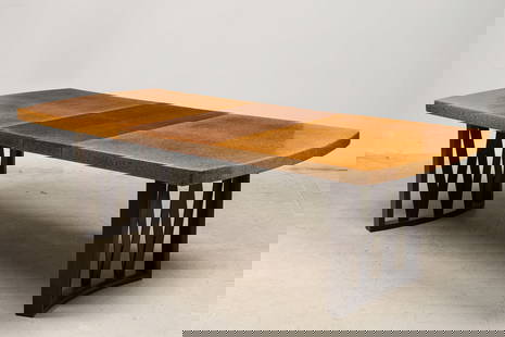 Paul Frankl Cork Top Dining Table: c. 1950, USA, the rectangular cork-clad top over mahogany lattice trestle legs, with two leaves, for Johnson Furniture, 29.5"h x 42"w x 72"d
