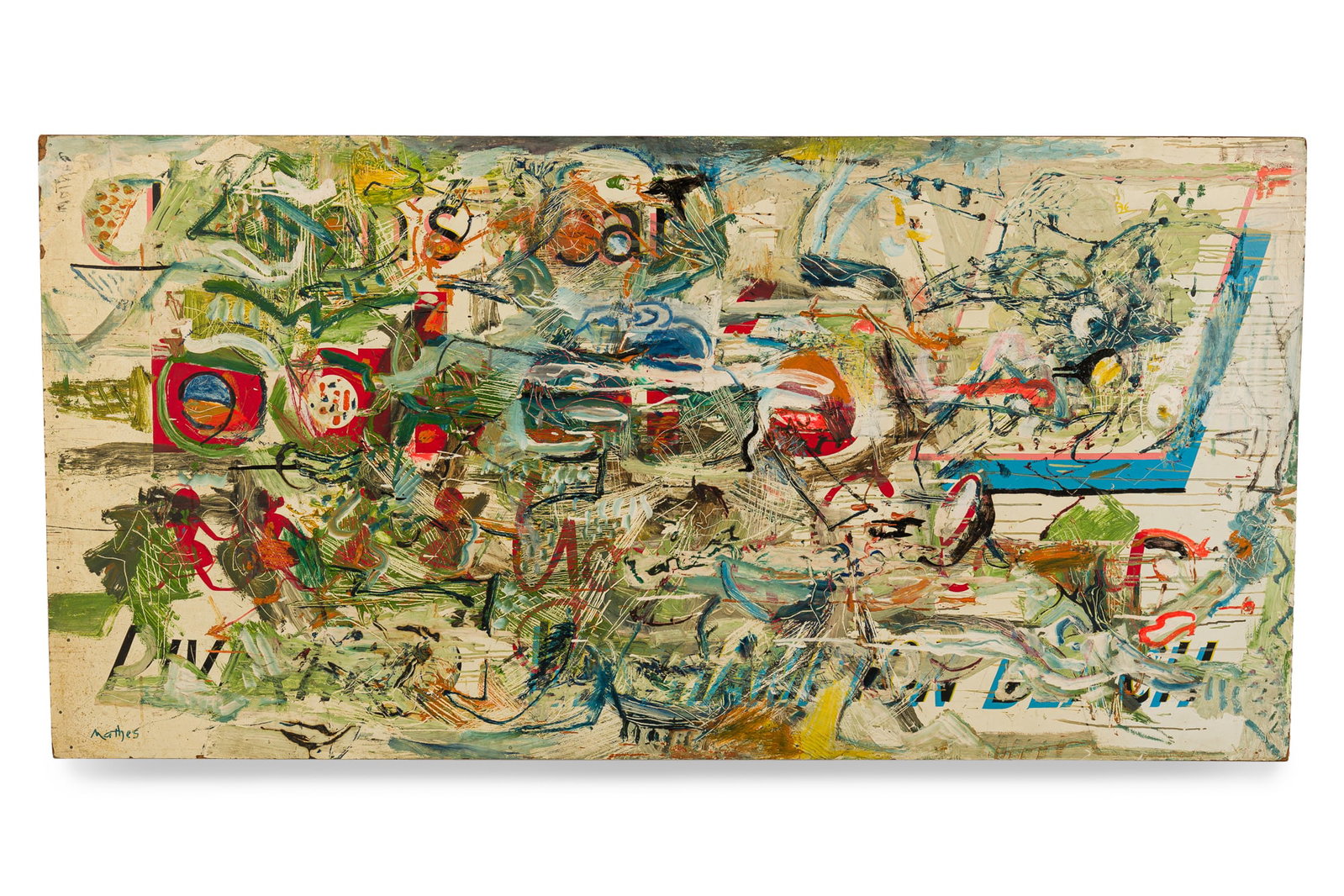 Harry Mathes, large oil on masonite, 1963: Harry Mathes (American, 1881-1969), Untitled abstract, signed lower left, signed, dated and dedicated verso, 72.25"h x 36"w x 2"d