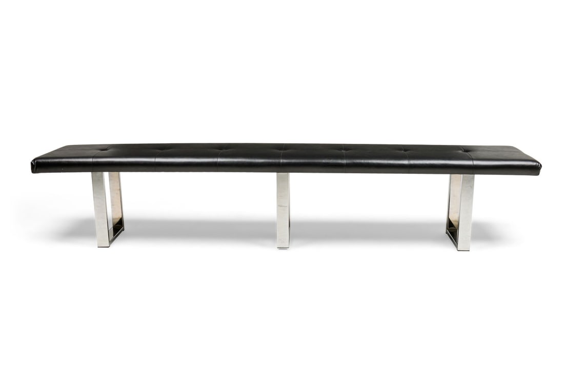 American Mid-Century Large Black Tufted Leather Benches