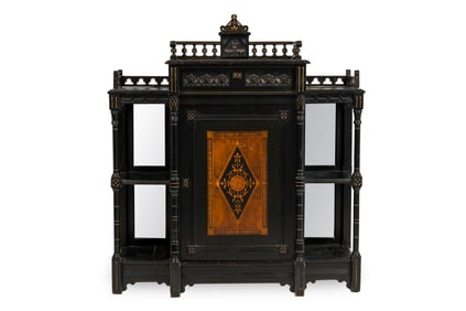 English Aesthetic Movement Revival Ebonized, Painted and Mirrored Cabinet