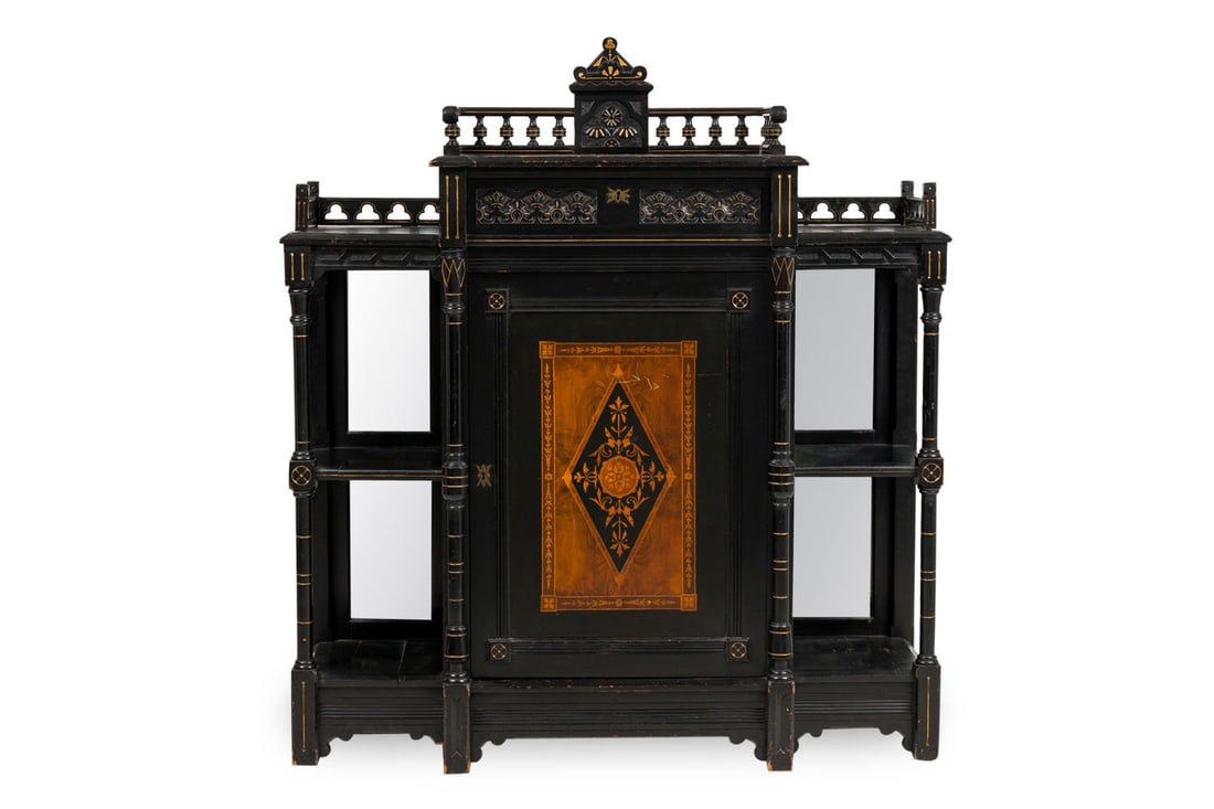 English Aesthetic Movement Revival Ebonized, Painted and Mirrored Cabinet (1 of 15)