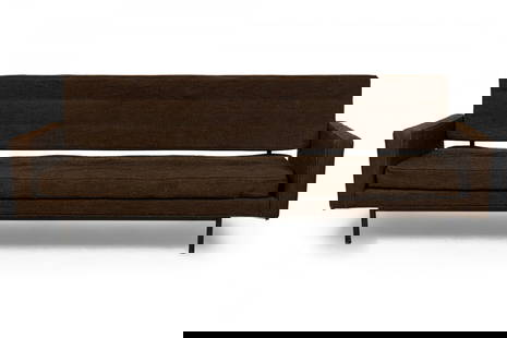 Richard Schultz for Knoll International, Mid-Century brown upholstered convertible sofa / sleeper: Mid-Century American (circa 1960s) convertible sofa / sleeper upholstered in brown tweed fabric, sitting on a square tube matte black metal frame. (RICHARD SCHULTZ FOR KNOLL INTERNATIONAL). UPHOLSTERY