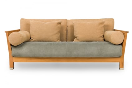 Flexform, suede upholstered and woven caned sides Settee
