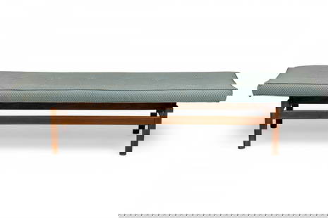 Jens Risom, tufted upholstery and Teak floating bench: Danish Mid-Century rectangular floating bench with a light gray upholstered seat with button tufted detail resting on a teak wood frame with a stretcher base. (JENS RISOM)Dimensions: 72"w x 19"d x 17"