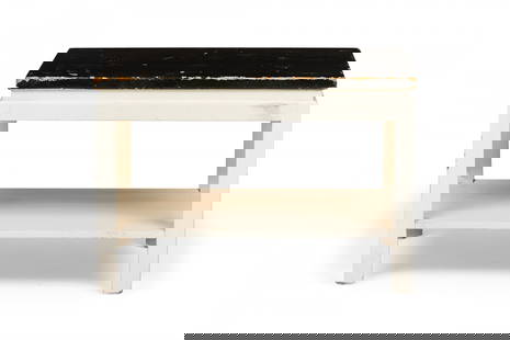 Paul Frankl for Johnson Furniture Co.,cork and wood end / side table: Mid-Century rectangular end / side table with a black painted cork top resting on a white painted wooden frame with a lower rectangular stretcher shelf and four square legs. (PAUL FRANKL FOR JOHNSON F