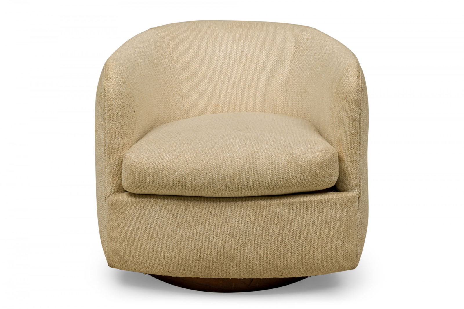 Milo Baughman, white upholstered lounge / armchair: American Mid-Century horseshoe-form lounge / armchair with off-white fabric upholstery and a removable seat cushion. (MILO BAUGHMAN FOR THAYER COGGIN)Dimensions: 26"w x 29"d x 25"h, 16"sh