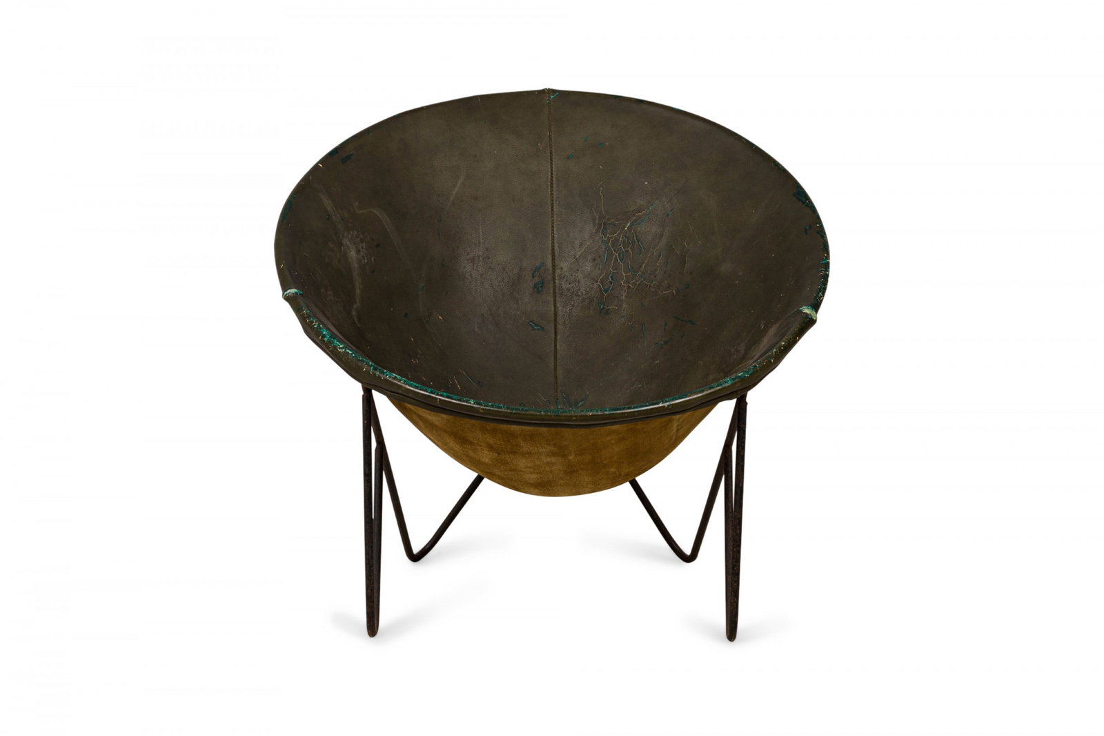 American Mid-Century Leather and Steel Hoop Lounge Chair: American Mid-Century hoop lounge chair with a dark green leather seat atop a black painted steel hairpin leg frame.Dimensions: 31"w x 27"d x 29"h, 12"sh