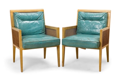 Pair of American Mid-Century Blond Wood, Cane, and Blue Leather Lounge Armchairs