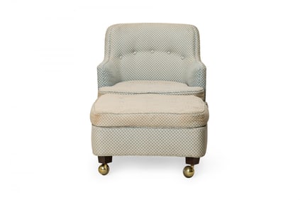 Edward J Wormley for Dunbar, blue diamond patterned lounge armchair and ottoman with brass casters