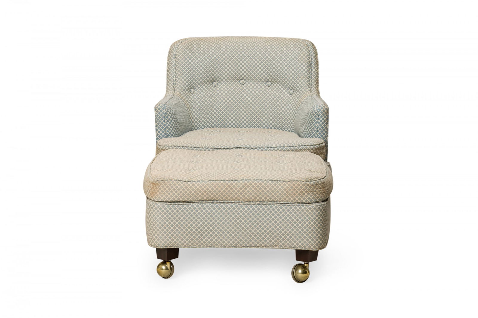 Edward J Wormley for Dunbar, blue diamond patterned lounge armchair and ottoman with brass casters (1 of 12)