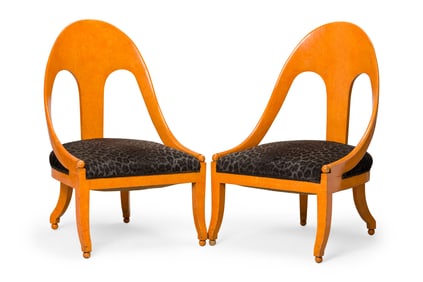 Pair of American Mid-Century Orange Lacquer Black Leopard Print Upholstery Spoon Back Side Chairs
