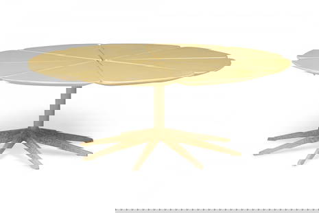 Richard Schultz for Knoll International, 'petal' form coffee table: American Mid-Century 'petal' form coffee / cocktail table made of redwood and finished with beige lacquer, resting on a pedestal base. (RICHARD SCHULTZ FOR KNOLL INTERNATIONAL).Dimensions: 42.5"w x 42