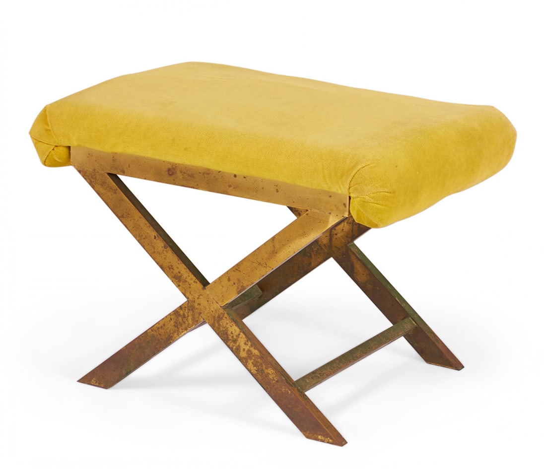 Mid-Century Brass and Saffron Yellow Velour Upholstered X-Bench (1 of 8)